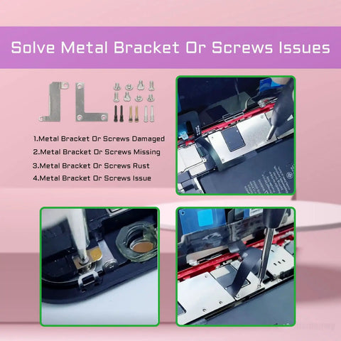 Complete Inner Screws Set And Full Internal Metal Bracket Kit For iPhone 13 Repair DIY Includes Bottom Small Screws And Internal Bracket Plates With Precision Screwdriver Tools Compatible With A2631 A2633 A2634 A2635 A2482 shown with step-by-step installation images