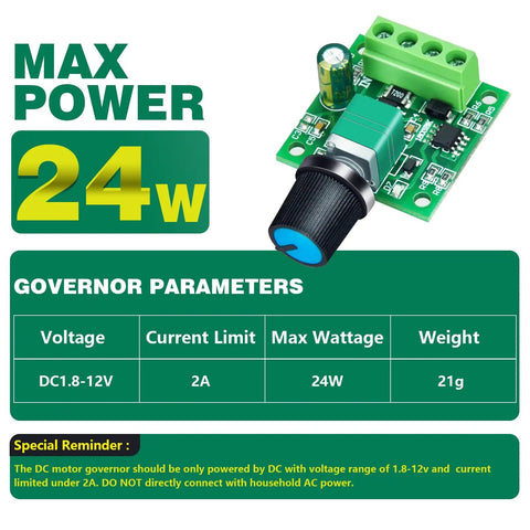 Low Voltage PWM DC Motor Speed Controller 1.8V To 12V 2A 24W Adjustable Driver Switch specs and max power display