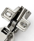 Brushed Nickel Short Arm Cabinet Hinges For Kitchen Cupboards With Half Inch Overlay Heavy Duty Build close-up view showing hinge mechanism.