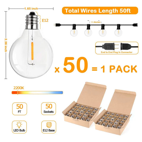 50Ft Led G40 Globe String Lights With 50 Plus 2 Dimmable Edison Bulbs, Shatterproof Outdoor Patio Lights, product specifications diagram