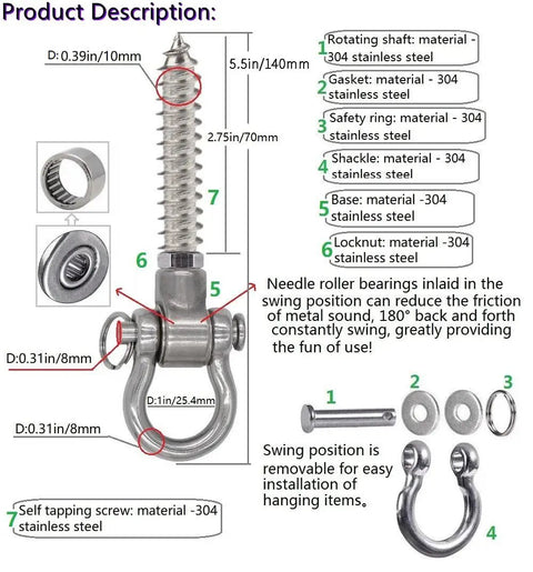 Heavy Duty Bearing Hanger For Yoga Hammock Chair And Playground Use, 1500 Lbs, detailed components, anti-rust stainless steel