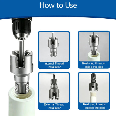 7 Piece PVC Pipe Threading Tool Set For One Half Inch And Three Quarter Inch Pipes demonstrating threading methods