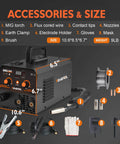2 In 1 Flux Core And Stick Welder With 130 Amp 110V Gasless MIG Machine, accessories including torch, wires, and gloves