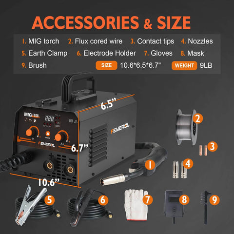 2 In 1 Flux Core And Stick Welder With 130 Amp 110V Gasless MIG Machine, accessories including torch, wires, and gloves