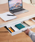 Under Desk Drawer Organizer 21 Inch White With Adjustable Brackets Sliding Pull Out Pencil Drawer open with items inside