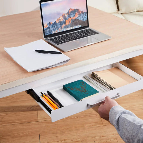 Under Desk Drawer Organizer 21 Inch White With Adjustable Brackets Sliding Pull Out Pencil Drawer open with items inside