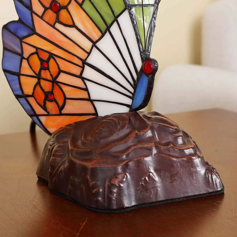 Close-up of base of Butterfly Tiffany Style Stained Glass Accent Table Lamp Night Light For Living Room And Bedside Decor 10 Inch Tall With E12 LED Bulb Included Cozy Vintage Glow