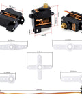 Two Pack 2G Micro Digital Servo With Metal Gear Coreless Motor For Airplanes Fixed Wing Planes Helicopters Boats Robots And RC Models JR254 Compatible showing dimensions and parts