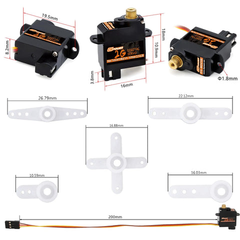 Two Pack 2G Micro Digital Servo With Metal Gear Coreless Motor For Airplanes Fixed Wing Planes Helicopters Boats Robots And RC Models JR254 Compatible showing dimensions and parts