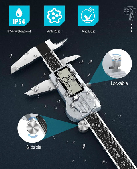 Housolution 12-inch digital caliper with stainless steel body and LCD display; IP54 waterproof, inches/mm/fraction