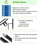Beefed Up 7 Inch Rain Gauge details with blue measurement tube and metal installation stakes for outdoor garden use.