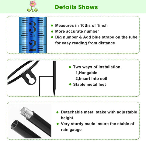 Beefed Up 7 Inch Rain Gauge details with blue measurement tube and metal installation stakes for outdoor garden use.