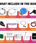 Backyard Zip Line Kit contents including wire lines, pulley, disc swing, tree protectors, safety belt, brake, hooks, and tools.