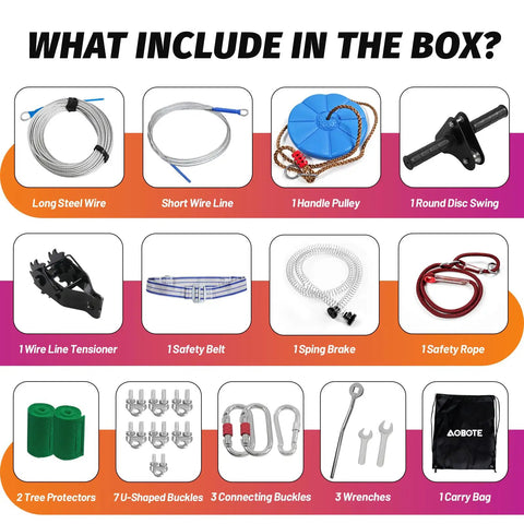 Backyard Zip Line Kit contents including wire lines, pulley, disc swing, tree protectors, safety belt, brake, hooks, and tools.
