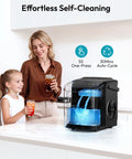 EUHOMY countertop ice maker with handle, black; compact portable kitchen appliance with transparent front.