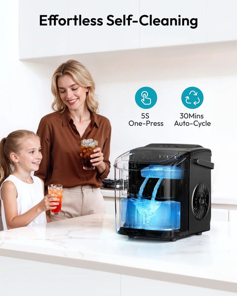 EUHOMY countertop ice maker with handle, black; compact portable kitchen appliance with transparent front.