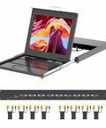 1U Rack Mount KVM Console With 17 Inch LCD Monitor showing open screen and keyboard, includes multiple VGA connections.