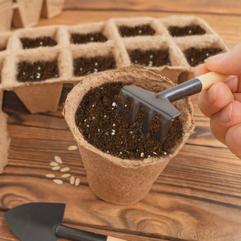 Hand holding a small rake over a pot filled with Seed Starting Soil Mix 1qt Ready To Use For Seedlings, ideal for vegetables and flowers.