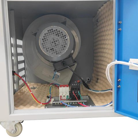 Metal Working Downdraft Dust Collector Vacuum With Side Suction Plate For Welding And Grinding 2 Dust Removal Drums Heavy Duty Workbench Dust Extraction System 3KW 220V Industrial Grade Cleanup For Metalworking Shop, open cabinet motor and wiring