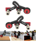 Dead Nuts Steady One Way Bearing Roller Press Feeder Aluminum Alloy Featherboard with red and black wheels, ideal for woodworking.