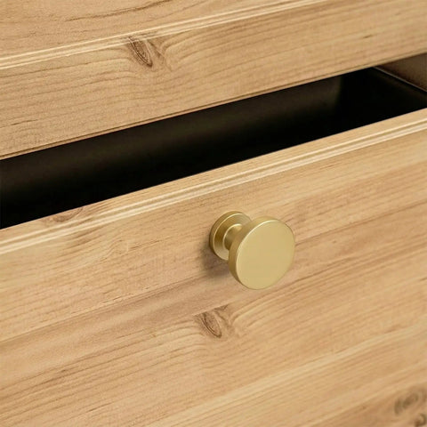 10 Pack Brushed Brass Cabinet Knobs Round Gold Drawer Knobs Kitchen Cabinet Handles Solid Zinc Alloy Pulls For Bathroom Dresser Hardware Beefy Durable Smooth Satin Finish Easy Install Timeless Modern Kitchen Update on wood drawer