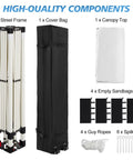 Components of 10x10 Pop Up Canopy Tent With One Button Push Setup Adjustable Height Instant Portable Shelter, including frame and roller bag