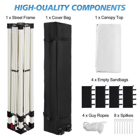 Components of 10x10 Pop Up Canopy Tent With One Button Push Setup Adjustable Height Instant Portable Shelter, including frame and roller bag