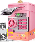 Pink electronic piggy bank for girls with 4-digit password lock, ATM style, kids money safe for ages 6-10, with play money.