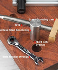 Bench Dog Clamp 3/4 Inch Dog Hole Clamp With Stainless Steel Bench Dogs for woodworking, shown with brass clamping jaw and wrench.