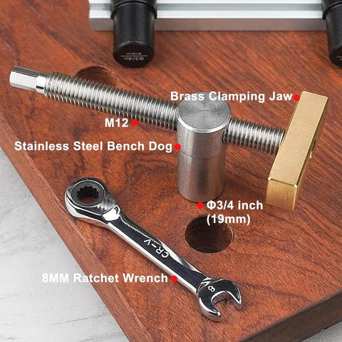 Bench Dog Clamp 3/4 Inch Dog Hole Clamp With Stainless Steel Bench Dogs for woodworking, shown with brass clamping jaw and wrench.