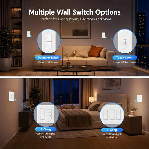 Decora Light Switch Single Pole Rocker Combo With 3 Gang Plate UL And CUL Certified For Safety Complete Installation Kit With Screws 6.38 Inch By 4.5 Inch Wall Plate Fits Standard Electrical Boxes Easy Install, shown in living room and bedroom