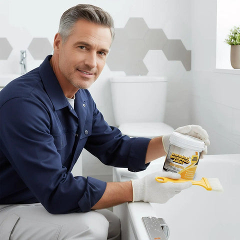 No Sweat Waterproof Adhesive And Invisible Anti Leakage Coating Featuring Built In Brush For Roofs Walls And Floors Dries Clear, man applying sealant with a brush.