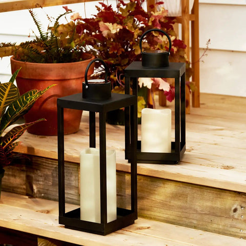Outdoor Solar Lantern For Porch And Patio, Large Black Metal Lantern With Waterproof LED Candle, No Glass, 14 Inches, Dusk To Dawn Auto On