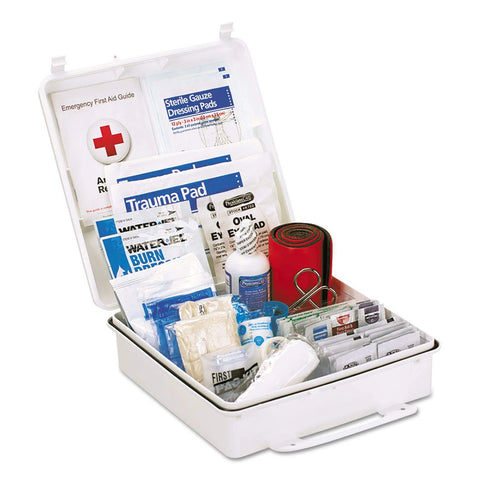 Open white first aid kit with 199 pieces; visible contents include gauze, trauma pads, bandages, red rolled bandage.