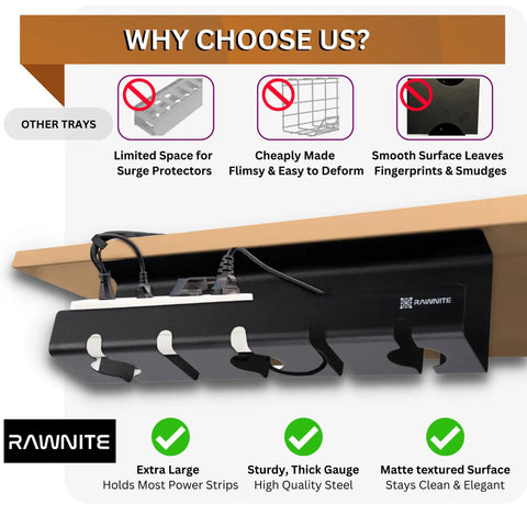 2 Pack Under Desk Cable Management Tray With 15.7 Inch Cord Organizer under desk holding cables with strong adhesive.