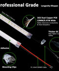 Ultra Bright 24V White LED Strip 16.4ft 6000K Cool White, waterproof, shows dual copper PCB and mounting clips