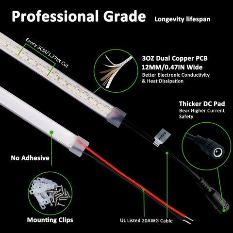 Ultra Bright 24V White LED Strip 16.4ft 6000K Cool White, waterproof, shows dual copper PCB and mounting clips