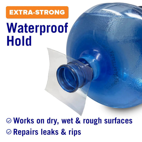 Clear Waterproof Tape For Leaks Heavy Duty Marine Grade Seal Tape 15 Ft By 4 In shown repairing a blue inflatable surface