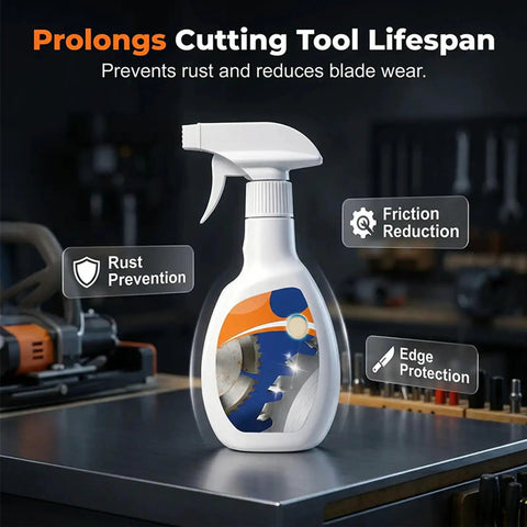 Heavy Duty Saw Blade Cleaner Spray For Quick Resin And Pitch Cleanup, 330 ml spray bottle on workshop countertop.