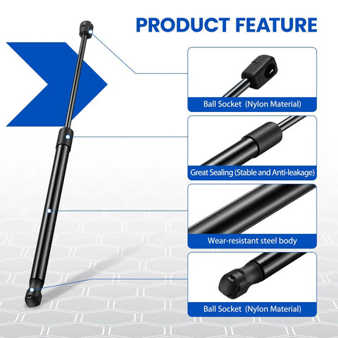 Product feature close-up of Rock Solid 20 Inch Gas Struts with nylon ball socket and steel body for durability.