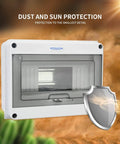 8 Way Circuit Breaker MCB Distribution Box With DIN Rail IP65 Waterproof For Indoor And Outdoor Use, shown in desert environment