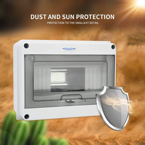 8 Way Circuit Breaker MCB Distribution Box With DIN Rail IP65 Waterproof For Indoor And Outdoor Use, shown in desert environment