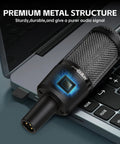 Close-up of XLR Podcast Microphone Professional Cardioid Condenser Mic Kit with Desktop Stand on a laptop keyboard