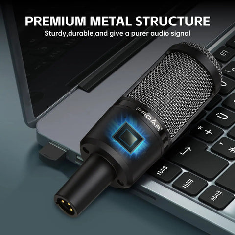 Close-up of XLR Podcast Microphone Professional Cardioid Condenser Mic Kit with Desktop Stand on a laptop keyboard