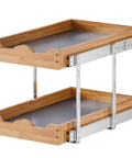 The Real Deal Heavy Duty Two Tier Pull Out Cabinet Organizer With Super Smooth Gliding Wood Shelves, wood and metal design, two shelves.