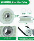 W10837240 Dryer Idler Pulley made of polymer with a reinforced metal bearing, 2.1 inches wide for Upgraded Whirlpool Dryer Repair Kit With Hella Durable 4392067 Parts And Wpw10314173 Drum Rollers Rock Solid Polymer Construction For Smooth Daily Operation.