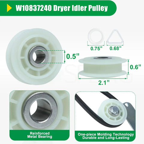 W10837240 Dryer Idler Pulley made of polymer with a reinforced metal bearing, 2.1 inches wide for Upgraded Whirlpool Dryer Repair Kit With Hella Durable 4392067 Parts And Wpw10314173 Drum Rollers Rock Solid Polymer Construction For Smooth Daily Operation.