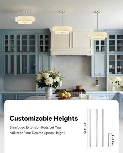 White Semi Flush Mount Ceiling Light Fixture With 12 Inch Drum Chandelier in a kitchen setting with extension rods visible