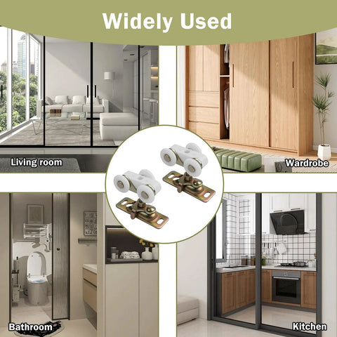 Collage showing 2 Pack Three Quarter Inch Pocket Door Rollers Replacement Wheels With Top Hanger in various room settings.