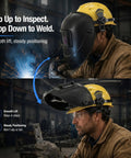 Premium Heavy Duty Welding Helmet Adapter Quick Release Hard Hat Mount No Sweat Install For Auto Darkening Mask shown in use.